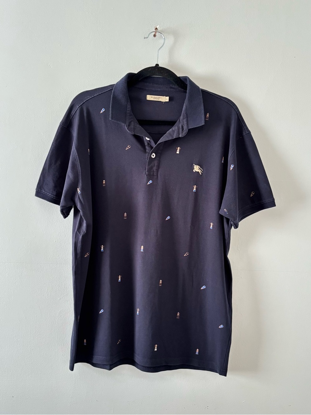 Burberry London Men’s Lighthouse Print Embroidered Short-Sleeve Polo Navy